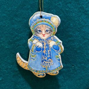 Vintage Blue Kitten w/ Snowballs Holiday Ornament